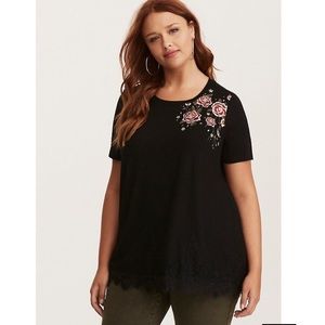 Super Soft Embroidered Roses Lace Inset Tee